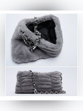 Zara Grey Faux Fur Shoulder Bag with Silver Chain